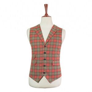 Mens 46R Wool Plaid Vest Brick Red Green Tartan Waistcoat Formal Wedding Party